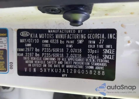 2011 Kia Sorento Ex z USA, uszkodzony, nr VIN 5XYKU3A12BG058288